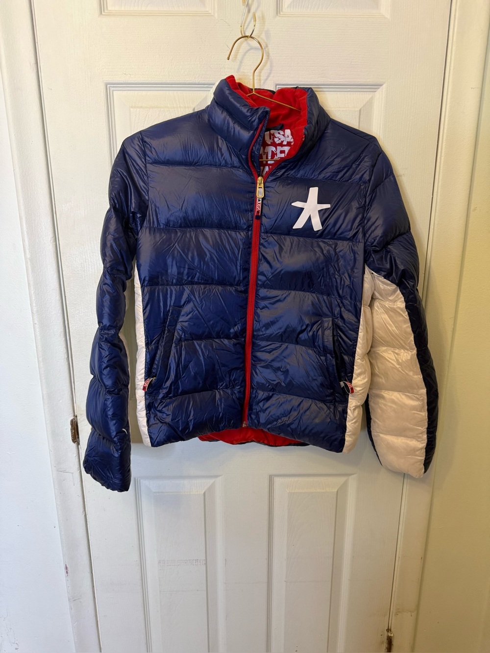 USA Puffer Jacket for Women Long Sleeve, Red White & Blue Size Medium